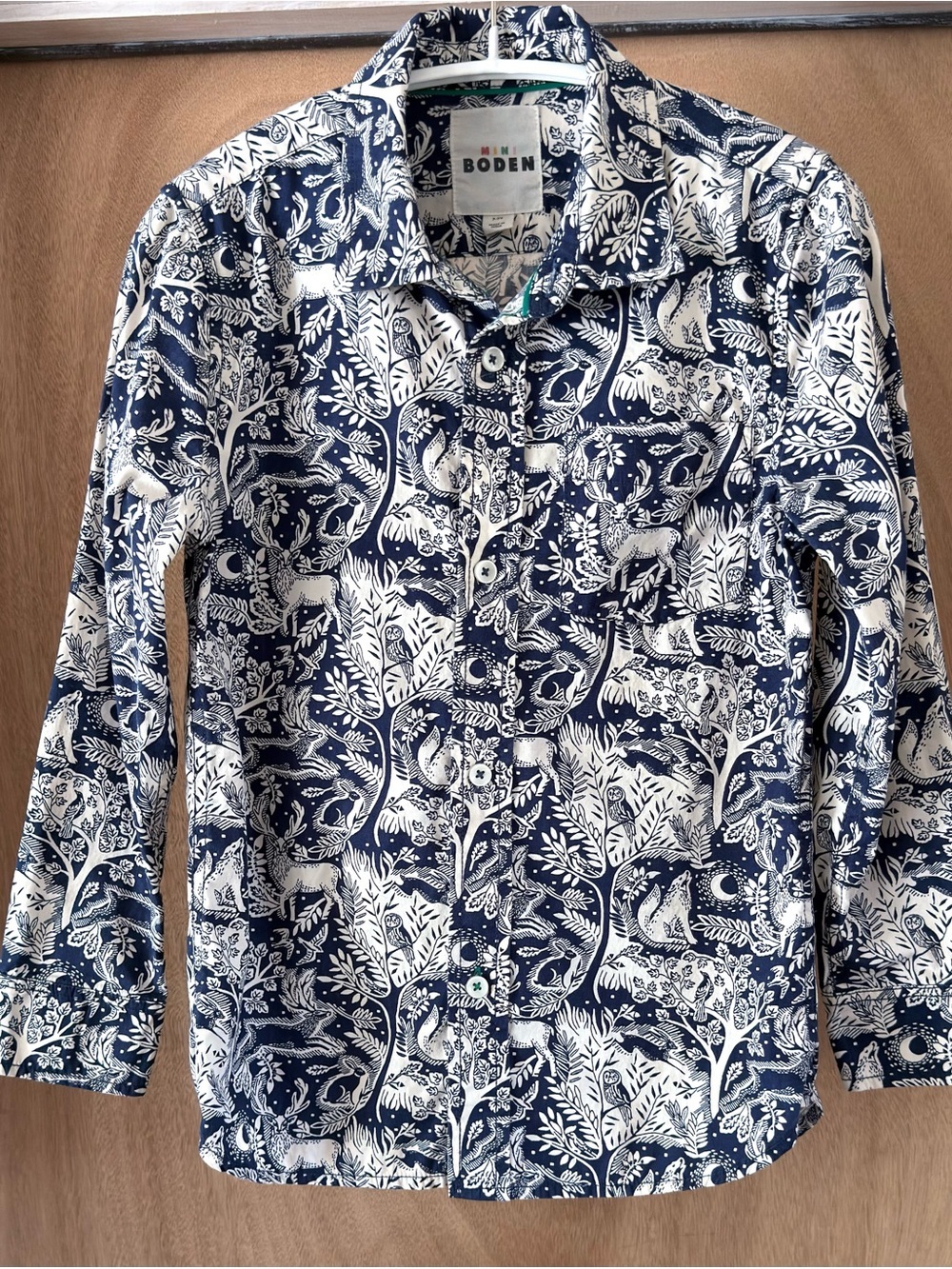 Mini Boden Boys 7-8Y Navy Off White Woodland Animal Print Cotton Button Front
